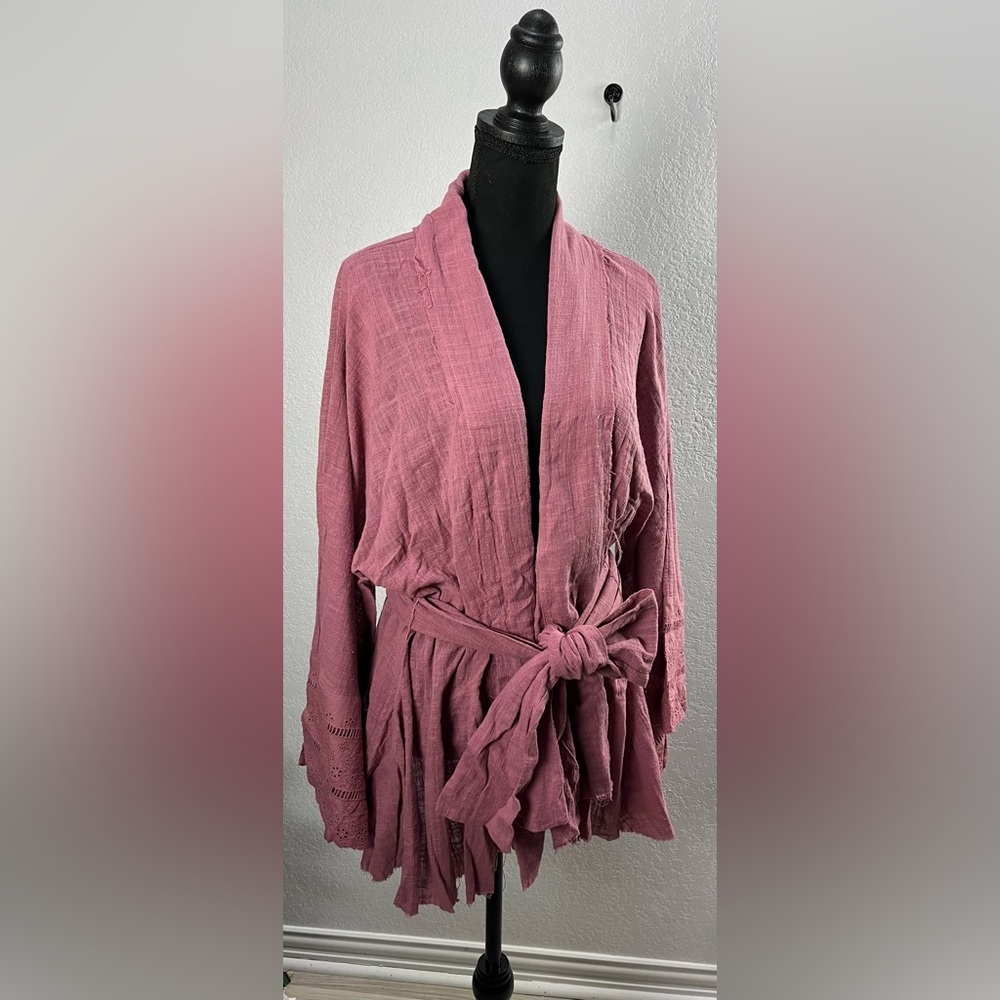 Kye Mi Women’s Pink Kimono Front Tie Cardigan Sz S Long Bell Sleeves Boho TC0794